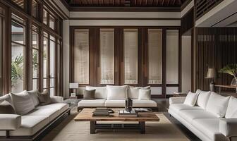 Modern living room featuring white sofas and wooden walls with large windows showing tropical greenery photo