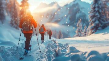 Friends ski touring at sunset in the alps, leaving tracks in fresh powder, enjoying winter landscape and freedom. Panoramic view inspires adventure photo