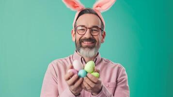Happy man in cute bunny ears headband holding Easter eggs on light green background. Creative banner for celebration of Easter. photo