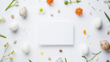 Bright Easter spring creative layout card with flower and minimalist eggs design with copy space. Happy easter festive card, top view. Flat lay photo