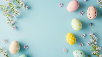 Top view flat lay photo of easter decorations painted pastel eggs, spring blossom on blue background with copy space.