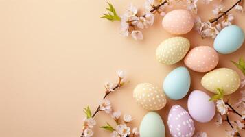 Top view flat lay photo of easter decorations painted pastel eggs, spring blossom on beige background with copy space.