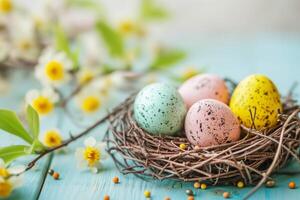 Top view flat lay photo of easter decorations painted pastel eggs in the nest, spring blossom on blue background with copy space.