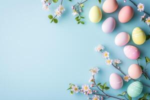 Top view flat lay photo of easter decorations painted pastel eggs, spring blossom on blue background with copy space.