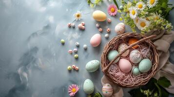 Top view flat lay photo of easter decorations painted pastel eggs and candy in basket, flowers on grey background with copy space