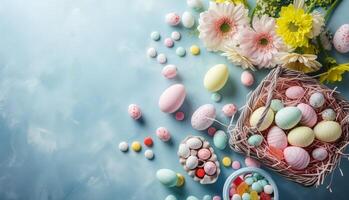 Top view flat lay photo of easter decorations painted pastel eggs, spring blossom on blue background with copy space.