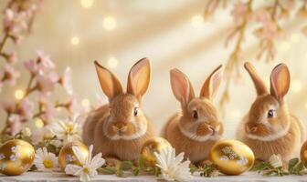 Group of three cute baby bunnies, adorable rabbits with easter eggs and spring flowers on a gold pastel background with bokeh photo