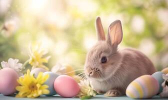 Cute baby bunny, adorable rabbit with Easter eggs and spring flowers photo