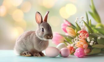 Cute baby bunny, adorable rabbit with Easter eggs and spring flowers photo