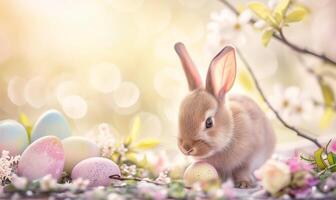 Cute baby bunny, adorable rabbit with Easter eggs and spring flowers photo