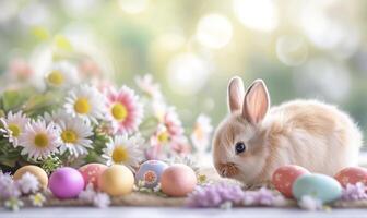 Cute baby bunny, adorable rabbit with Easter eggs and spring flowers photo