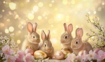 Group of four cute baby bunnies, adorable rabbits with easter eggs and spring flowers on a gold pastel background with bokeh photo
