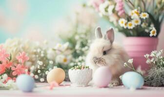 Cute baby bunny, adorable rabbit with Easter eggs and spring flowers photo