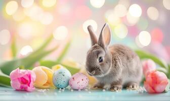 Cute baby bunny, adorable rabbit with Easter eggs and spring flowers photo