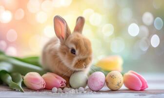 Cute baby bunny, adorable rabbit with Easter eggs and spring flowers photo