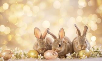 Group of three cute baby bunnies, adorable rabbits with easter eggs and spring flowers on a gold pastel background with bokeh photo