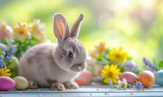 Cute baby bunny, adorable rabbit with Easter eggs and spring flowers photo