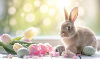 Cute baby bunny, adorable rabbit with Easter eggs and spring flowers photo