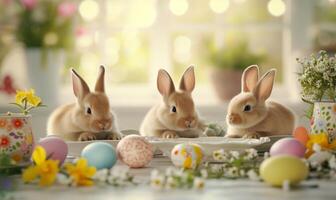 Group of three cute baby bunnies, adorable rabbits with Easter eggs and spring flowers on a wooden table on a window background photo