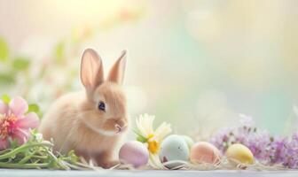 Cute baby bunny, adorable rabbit with Easter eggs and spring flowers photo