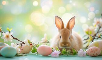 Cute baby bunny, adorable rabbit with Easter eggs and spring flowers photo
