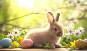 Cute baby bunny, adorable rabbit with Easter eggs and spring flowers photo