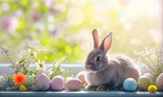 Cute baby bunny, adorable rabbit with Easter eggs and spring flowers photo