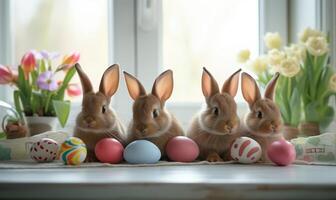 Group of four cute baby bunnies, adorable rabbits with Easter eggs and spring flowers on a wooden table on a window background photo