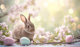 Cute baby bunny, adorable rabbit with Easter eggs and spring flowers photo
