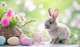 Cute baby bunny, adorable rabbit with Easter eggs and spring flowers photo