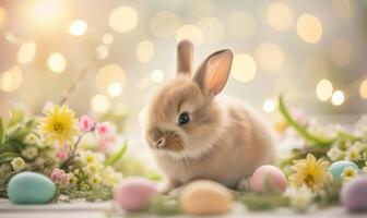 Cute baby bunny, adorable rabbit with Easter eggs and spring flowers photo