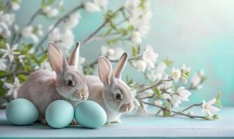 Two cute bunnies, adorable rabbits with easter eggs and spring flowers sitting on festive table blue pastel background with bokeh photo