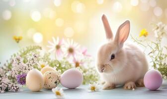 Cute baby bunny, adorable rabbit with Easter eggs and spring flowers photo