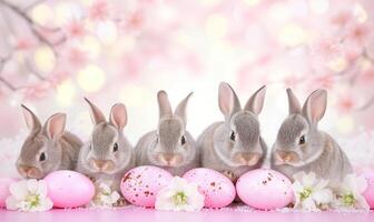 Group of five cute baby bunnies, adorable rabbits with easter eggs and spring flowers on pink pastel background with bokeh photo