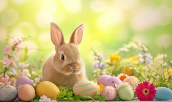Cute baby bunny, adorable rabbit with Easter eggs and spring flowers photo