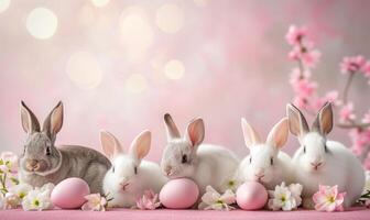 Group of five cute baby bunnies, adorable rabbits with easter eggs and spring flowers on pink pastel background with bokeh photo