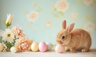 Cute baby bunny, adorable rabbit with Easter eggs and spring flowers photo