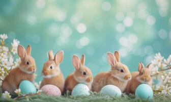 Group of five cute baby bunnies, adorable rabbits with easter eggs and spring flowers on blue pastel background with bokeh photo