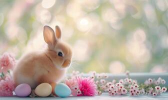 Cute baby bunny, adorable rabbit with Easter eggs and spring flowers photo