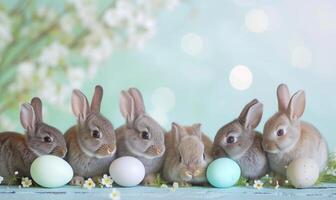 Group of six cute baby bunnies, adorable rabbits with easter eggs and spring flowers on blue pastel background with bokeh photo