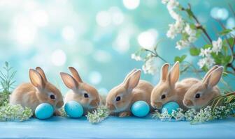 Group of five cute baby bunnies, adorable rabbits with easter eggs and spring flowers on blue pastel background with bokeh photo