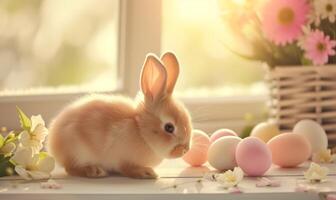 Cute baby bunny, adorable rabbit with Easter eggs and spring flowers photo