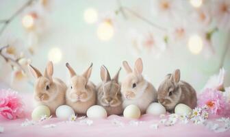 Group of five cute baby bunnies, adorable rabbits with easter eggs and spring flowers on blue pastel background with bokeh photo