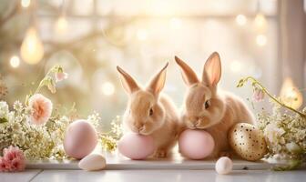 Two cute bunnies, adorable rabbits with easter eggs and spring flowers sitting on pastel background with bokeh photo
