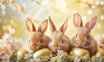 Group of three cute baby bunnies, adorable rabbits with easter eggs and spring flowers on a gold pastel background with bokeh photo