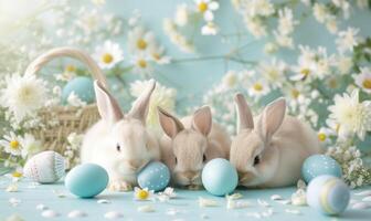 Group of three cute bunnies, adorable rabbits with easter eggs and spring flowers sitting on festive table blue pastel background with bokeh photo
