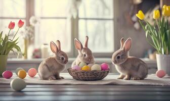 Group of three cute baby bunnies, adorable rabbits with Easter eggs and spring flowers sitting on a wooden table on a window background photo