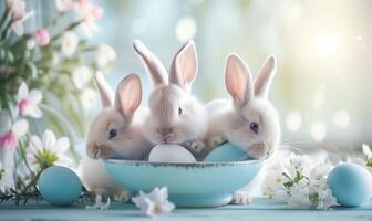 Group of three cute bunnies, adorable rabbits with easter eggs and spring flowers sitting on festive table blue pastel background with bokeh photo