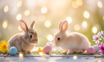 Two cute bunnies, adorable rabbits with easter eggs and spring flowers sitting on pastel background with bokeh photo
