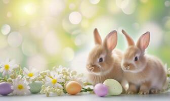 Two cute bunnies, adorable rabbits with easter eggs and spring flowers sitting on pastel background with bokeh photo